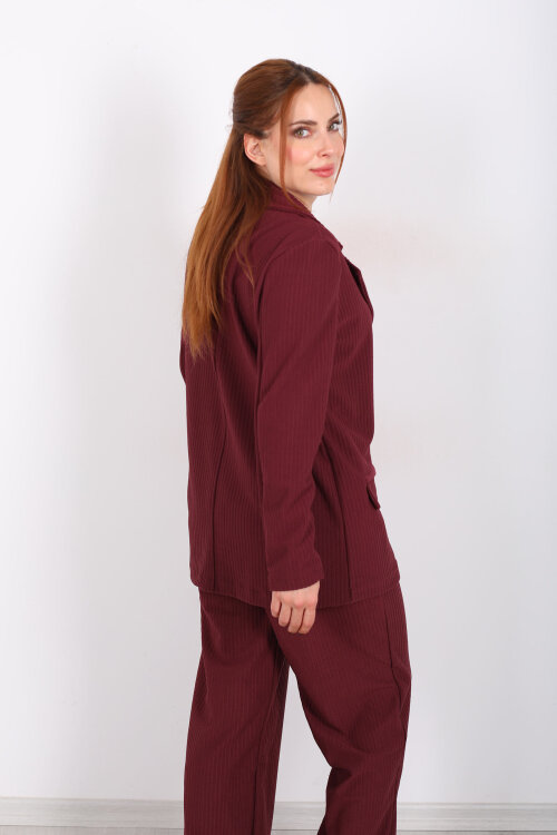 Çift Cep Görünümlü Kadife Bordo Kadın Blazer Ceket - 5