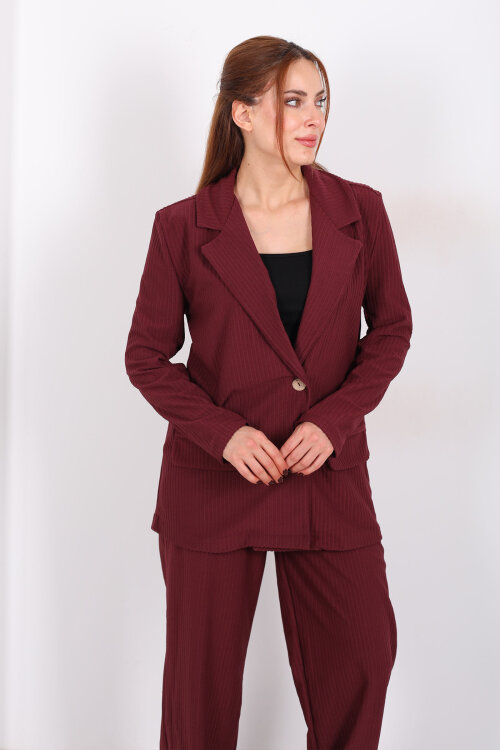 Çift Cep Görünümlü Kadife Bordo Kadın Blazer Ceket - 4