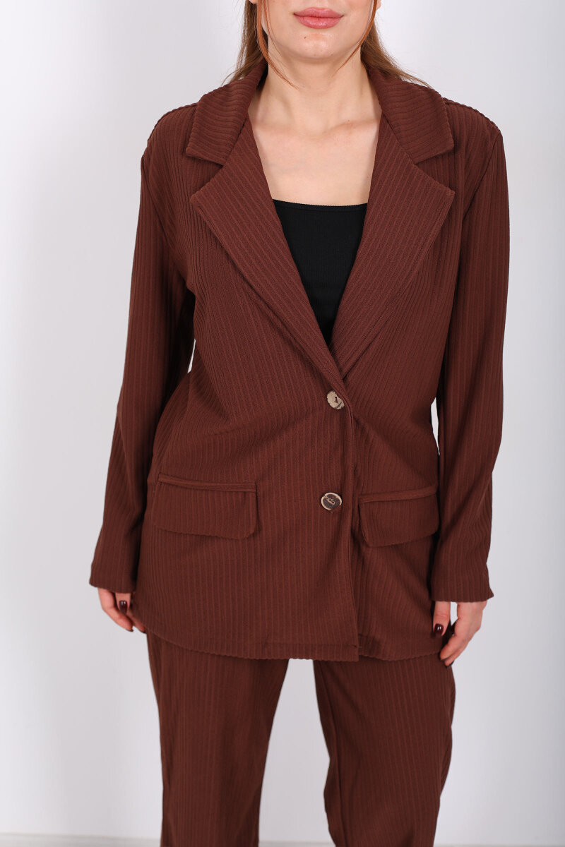 Çift Cep Görünümlü Kadife Kahverengi Kadın Blazer Ceket - 2