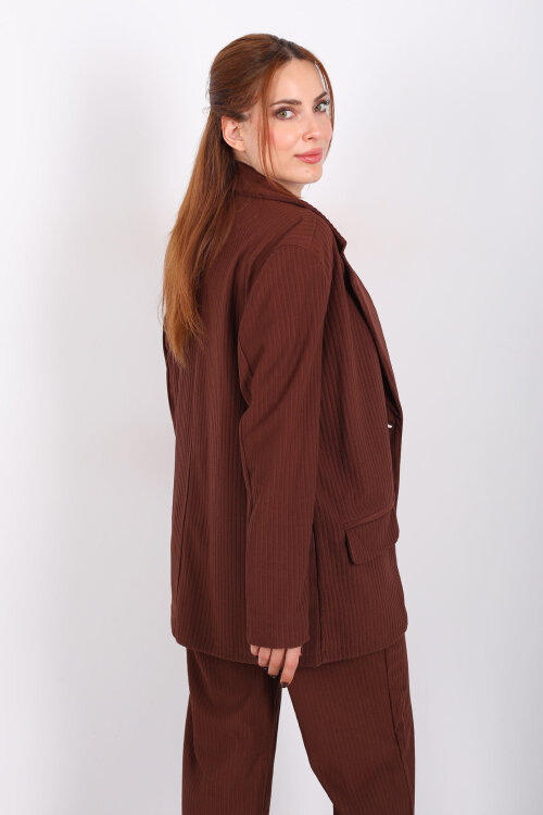 Çift Cep Görünümlü Kadife Kahverengi Kadın Blazer Ceket - 4