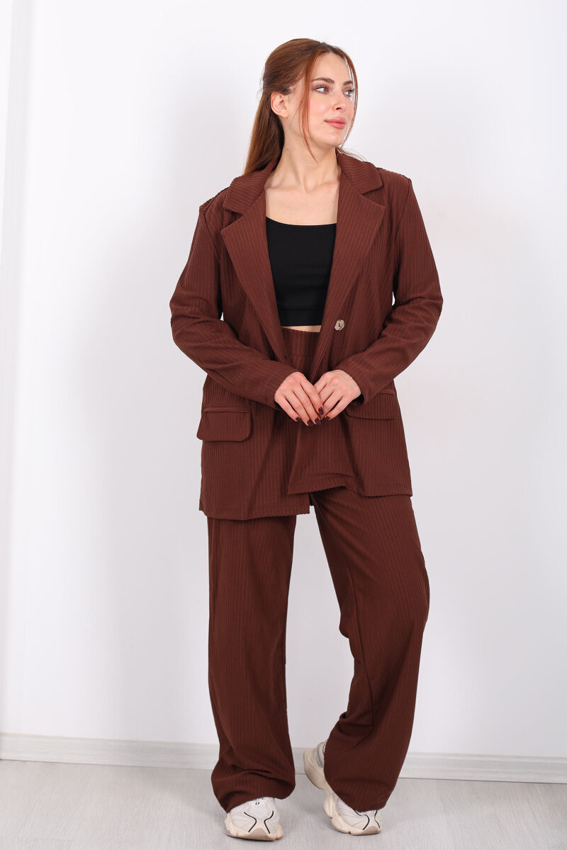 Çift Cep Görünümlü Kadife Kahverengi Kadın Blazer Ceket - 3
