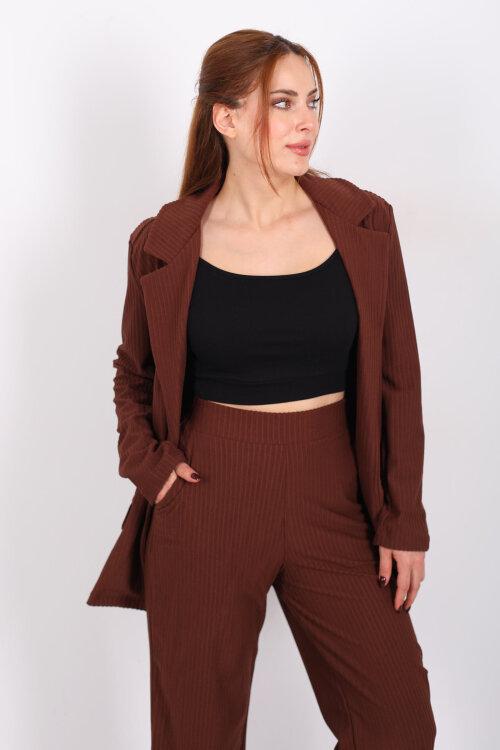 Çift Cep Görünümlü Kadife Kahverengi Kadın Blazer Ceket - Berox