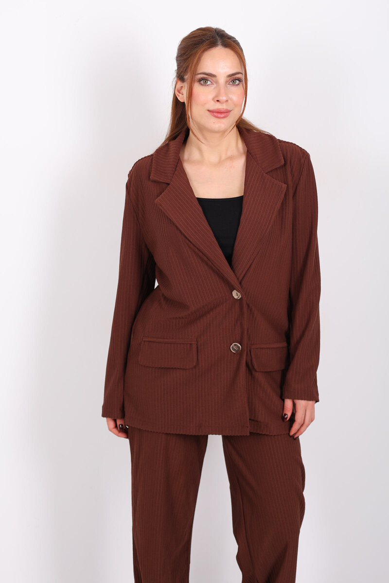 Çift Cep Görünümlü Kadife Kahverengi Kadın Blazer Ceket - 5