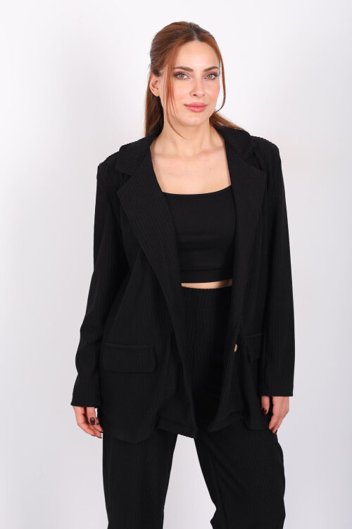 Çift Cep Görünümlü Kadife Siyah Kadın Blazer Ceket - 6