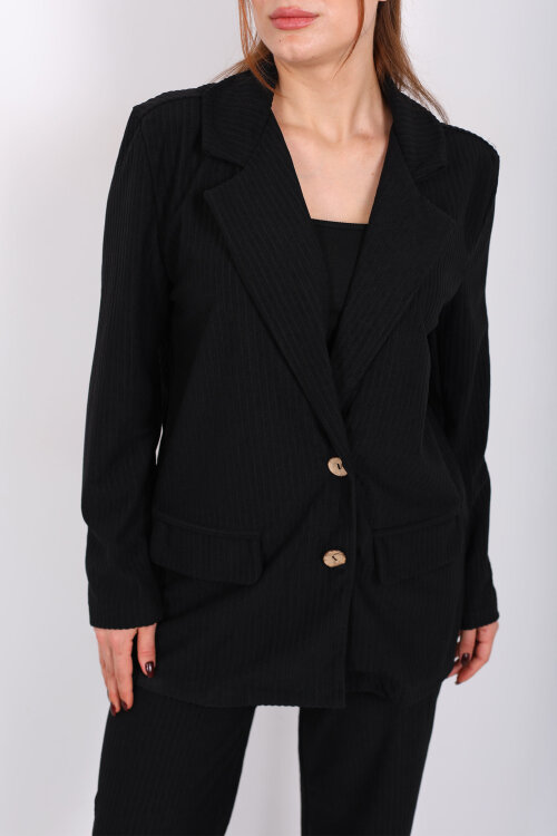 Çift Cep Görünümlü Kadife Siyah Kadın Blazer Ceket - Berox (1)
