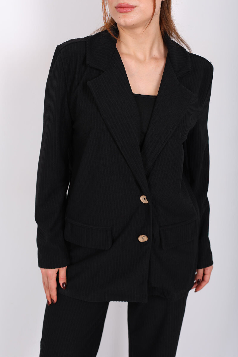 Çift Cep Görünümlü Kadife Siyah Kadın Blazer Ceket - 2
