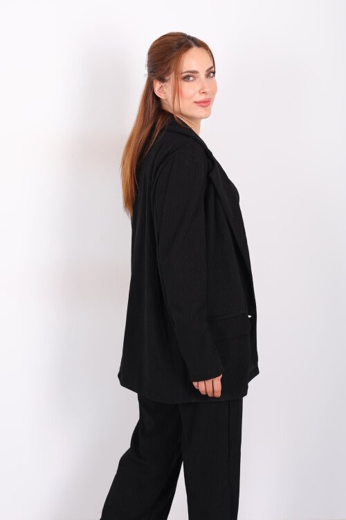 Çift Cep Görünümlü Kadife Siyah Kadın Blazer Ceket - 5