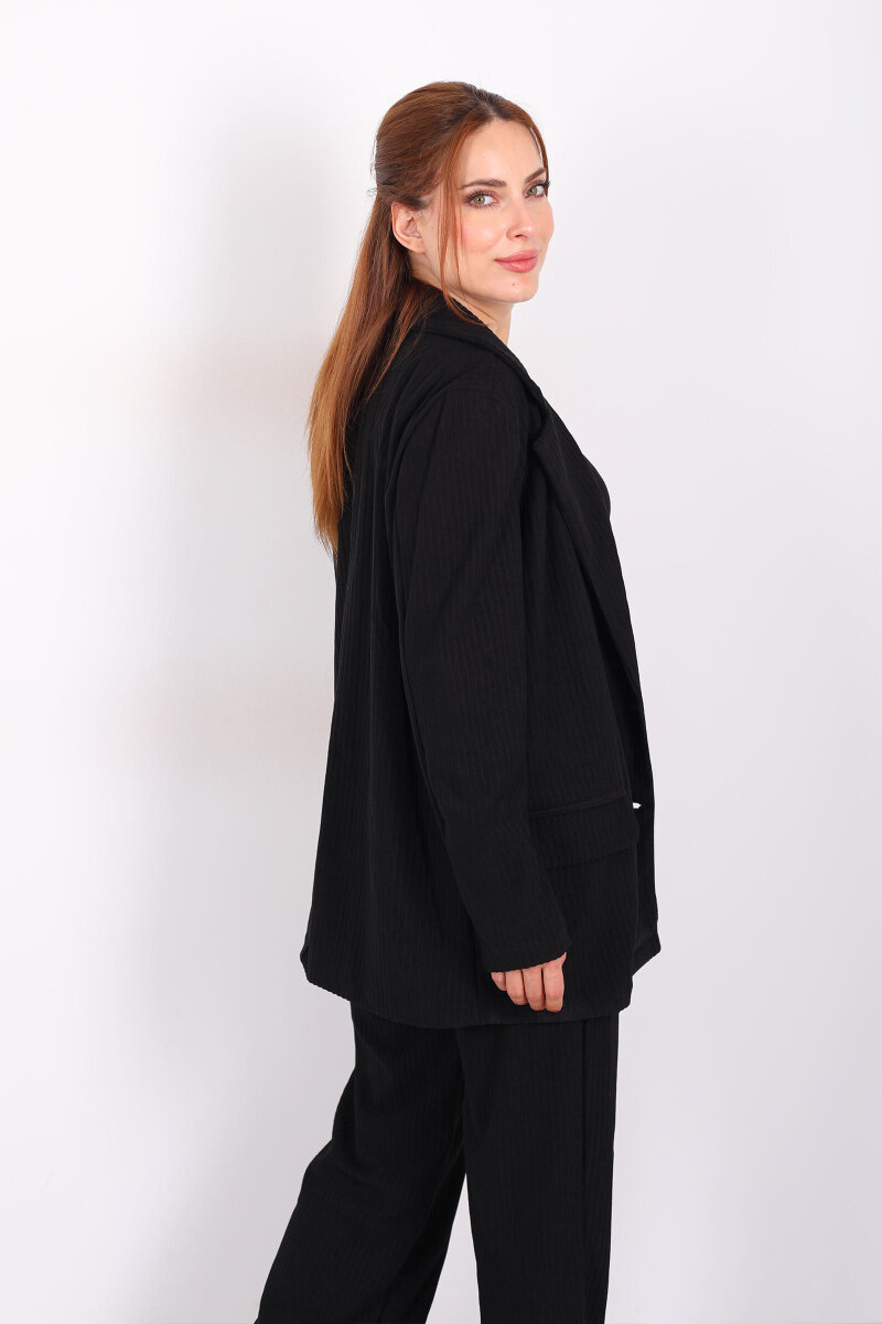 Çift Cep Görünümlü Kadife Siyah Kadın Blazer Ceket - 5