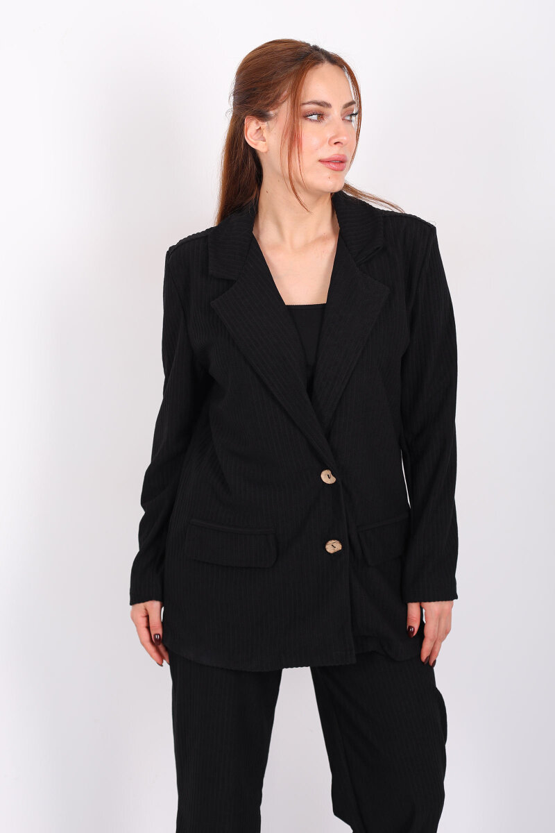 Çift Cep Görünümlü Kadife Siyah Kadın Blazer Ceket - 4