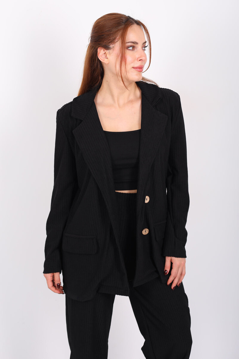 Çift Cep Görünümlü Kadife Siyah Kadın Blazer Ceket - 1