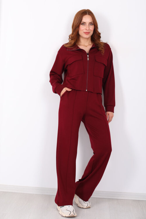 Çift Cep Kapaklı Fermuarlı Bordo Kadın Takım - 4