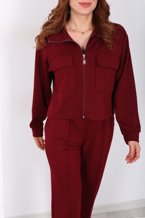 Çift Cep Kapaklı Fermuarlı Bordo Kadın Takım - Berox (1)