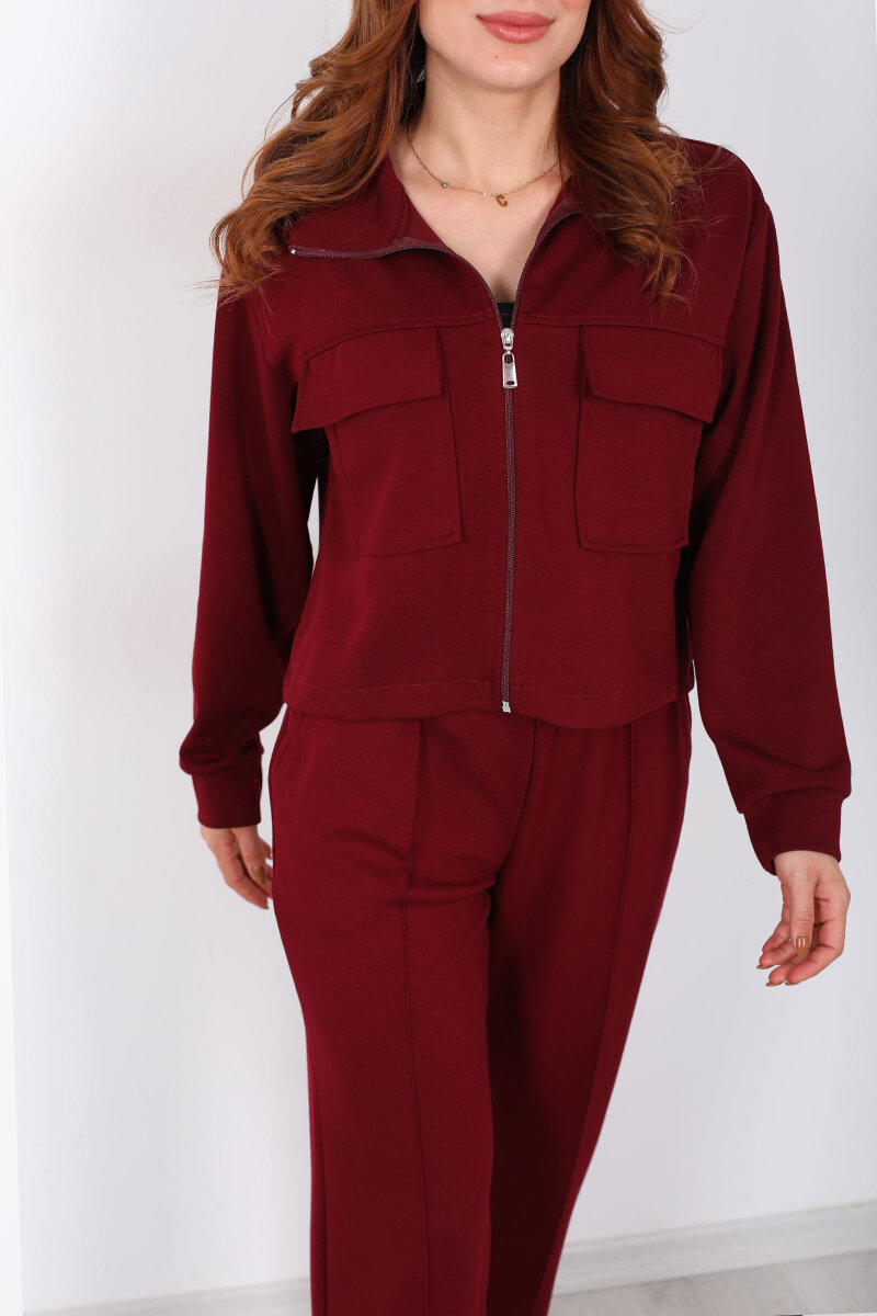 Çift Cep Kapaklı Fermuarlı Bordo Kadın Takım - 2
