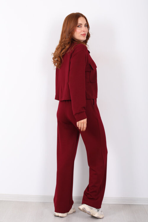 Çift Cep Kapaklı Fermuarlı Bordo Kadın Takım - 6