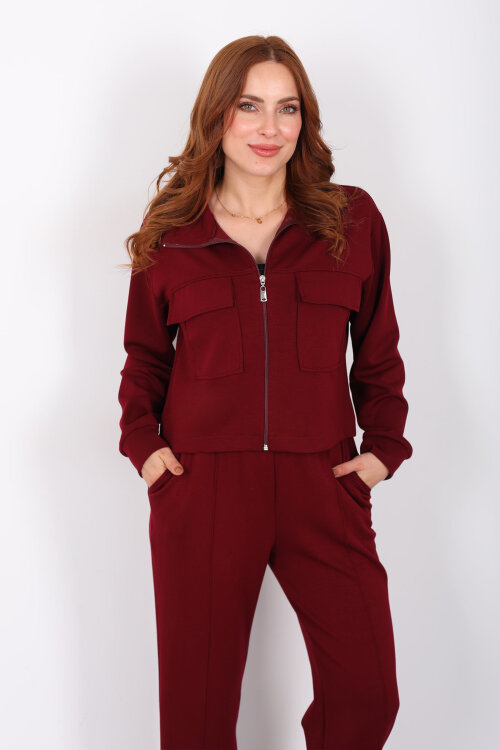 Çift Cep Kapaklı Fermuarlı Bordo Kadın Takım - 3