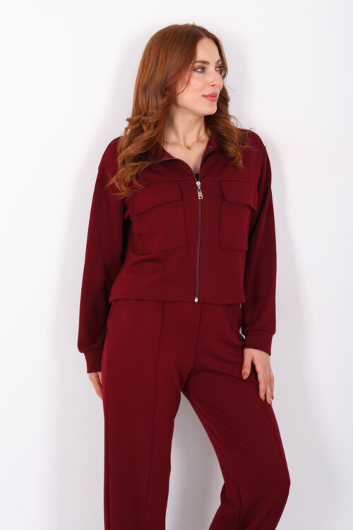 Çift Cep Kapaklı Fermuarlı Bordo Kadın Takım - 7