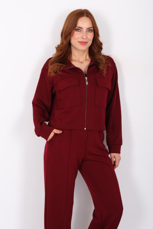 Çift Cep Kapaklı Fermuarlı Bordo Kadın Takım - 5