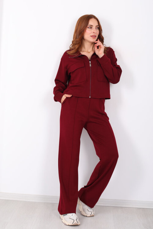 Çift Cep Kapaklı Fermuarlı Bordo Kadın Takım - Berox