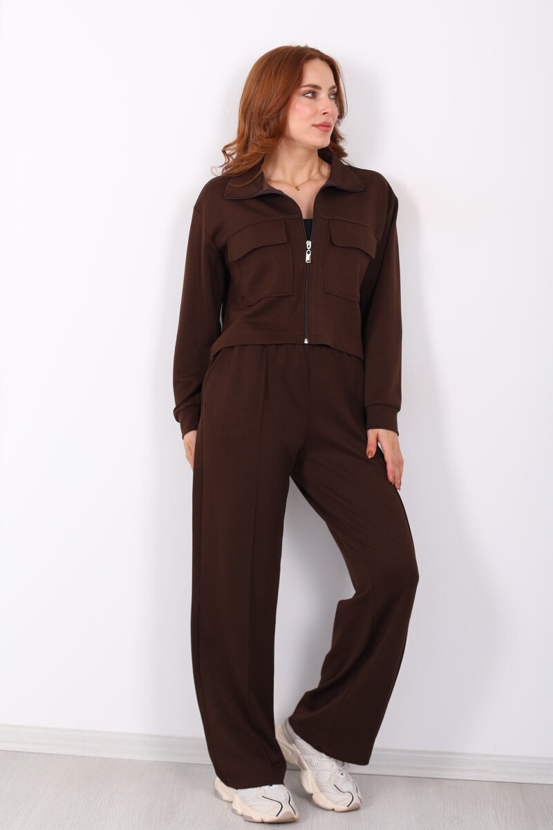 Çift Cep Kapaklı Fermuarlı Kahverengi Kadın Takım - 5