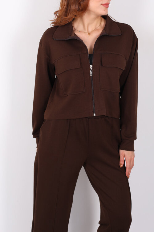 Çift Cep Kapaklı Fermuarlı Kahverengi Kadın Takım - Berox (1)