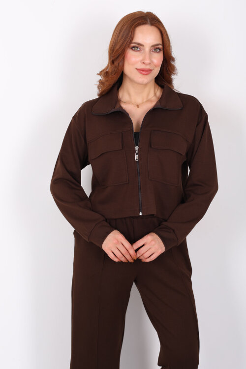 Çift Cep Kapaklı Fermuarlı Kahverengi Kadın Takım - Berox