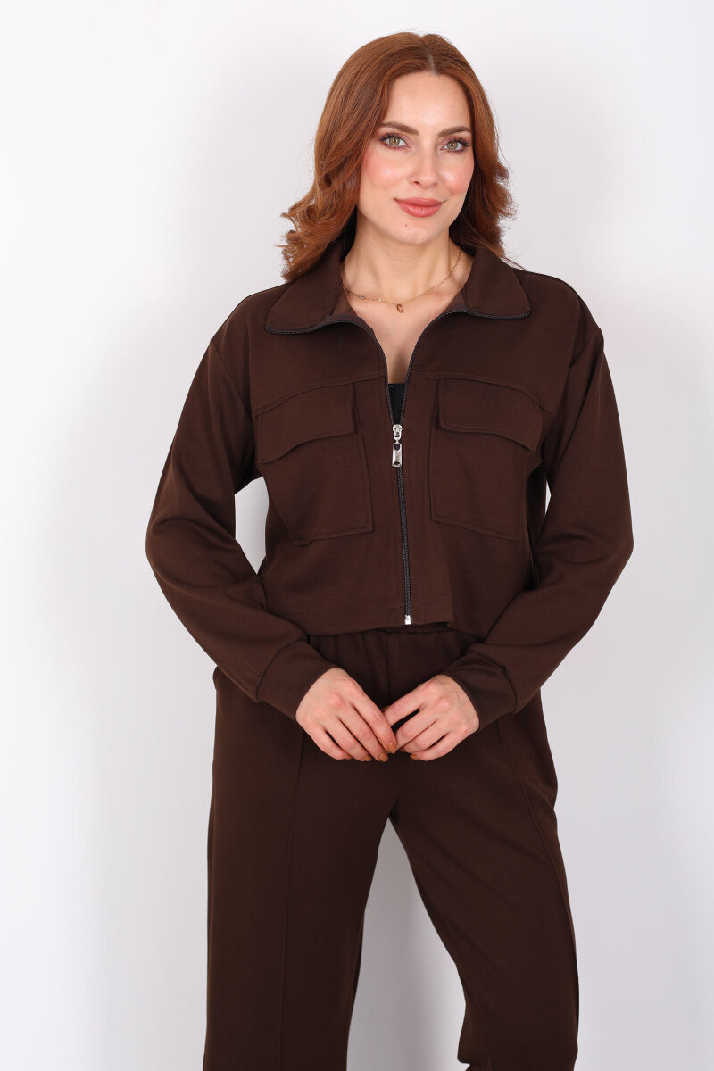 Çift Cep Kapaklı Fermuarlı Kahverengi Kadın Takım - 1