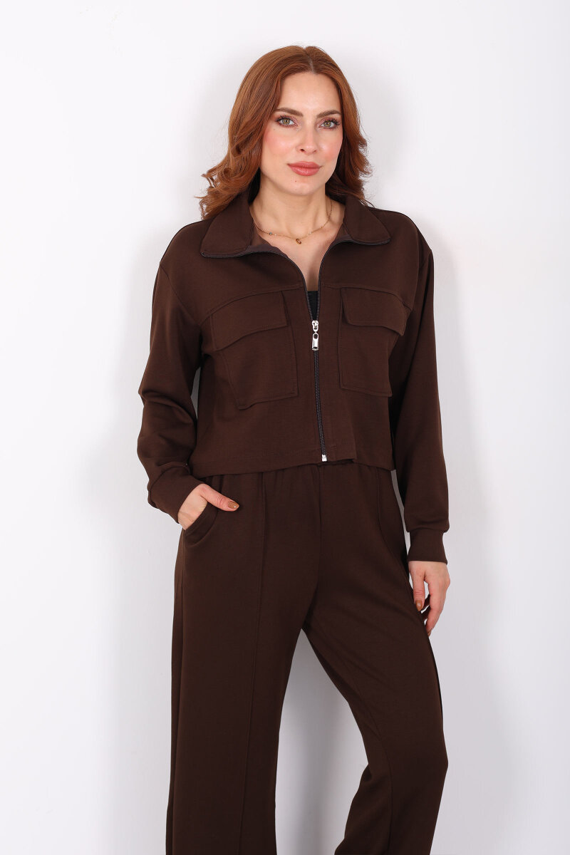 Çift Cep Kapaklı Fermuarlı Kahverengi Kadın Takım - 4
