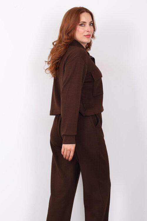 Çift Cep Kapaklı Fermuarlı Kahverengi Kadın Takım - 6