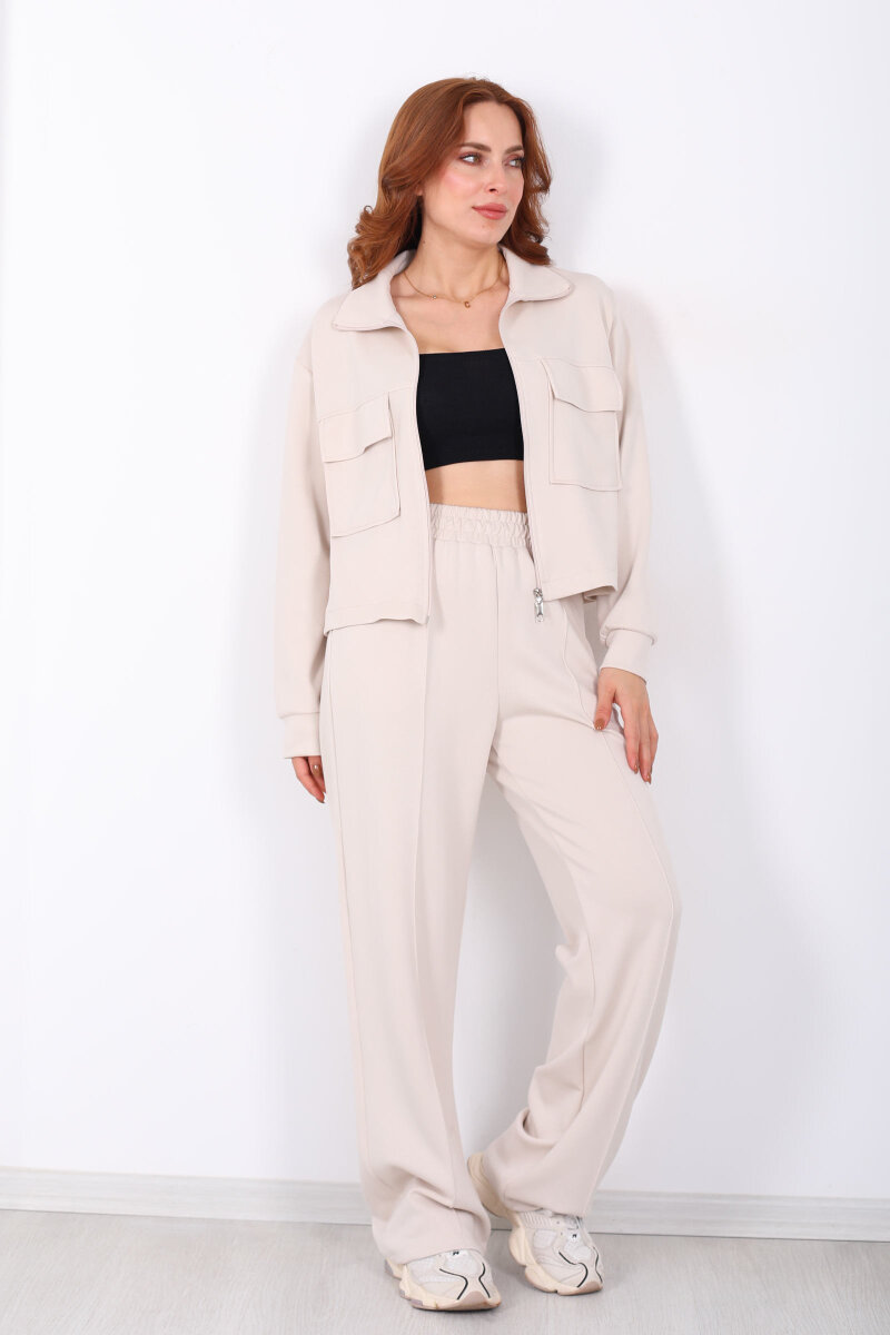 Çift Cep Kapaklı Fermuarlı Krem Kadın Takım - 4