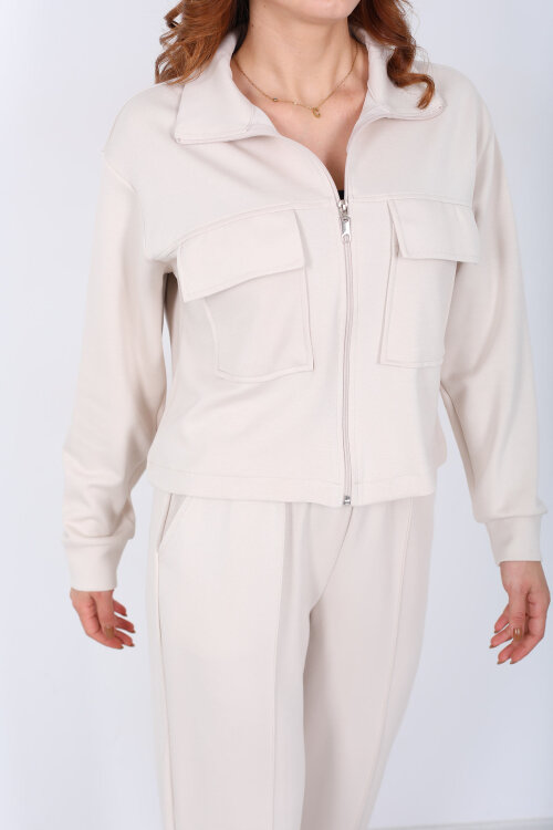 Çift Cep Kapaklı Fermuarlı Krem Kadın Takım - Berox (1)