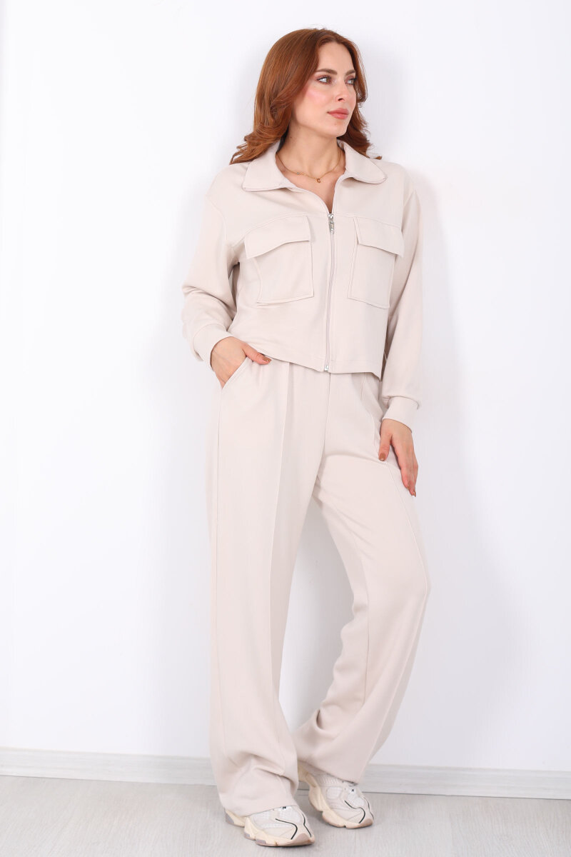 Çift Cep Kapaklı Fermuarlı Krem Kadın Takım - 7