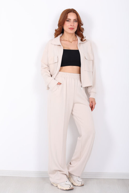 Çift Cep Kapaklı Fermuarlı Krem Kadın Takım - Berox