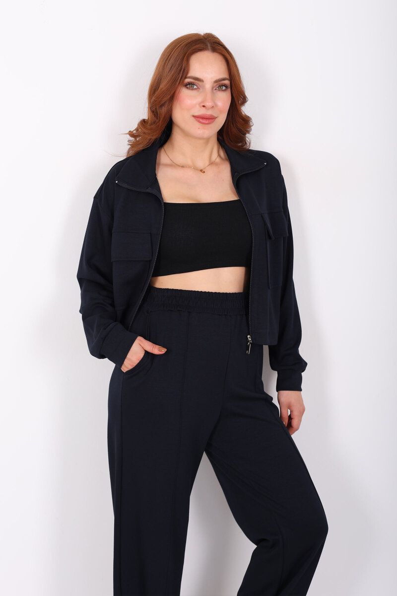 Çift Cep Kapaklı Fermuarlı Lacivert Kadın Takım - 1