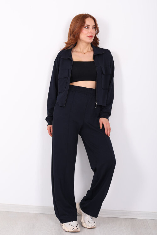 Çift Cep Kapaklı Fermuarlı Lacivert Kadın Takım - 5