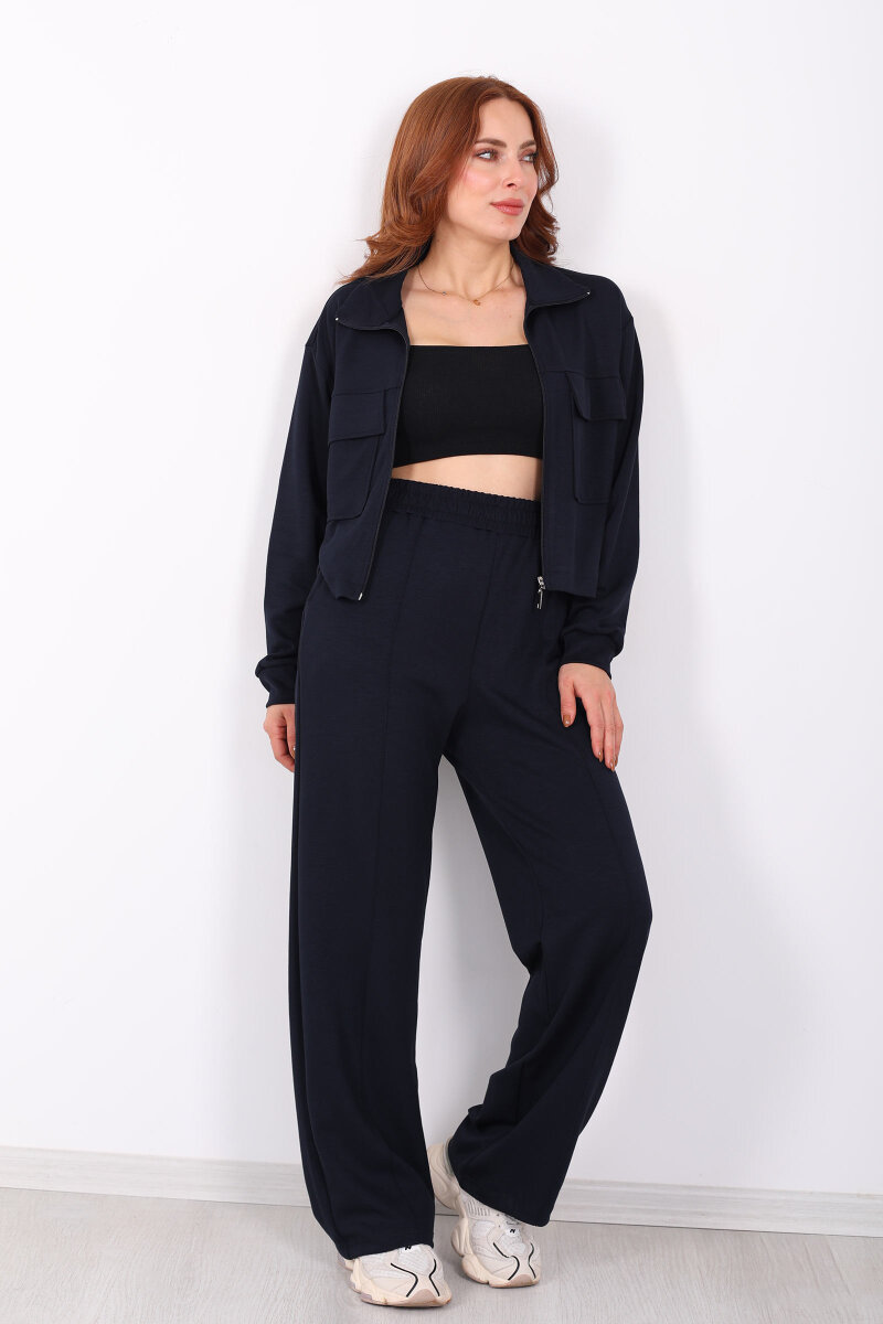 Çift Cep Kapaklı Fermuarlı Lacivert Kadın Takım - 5