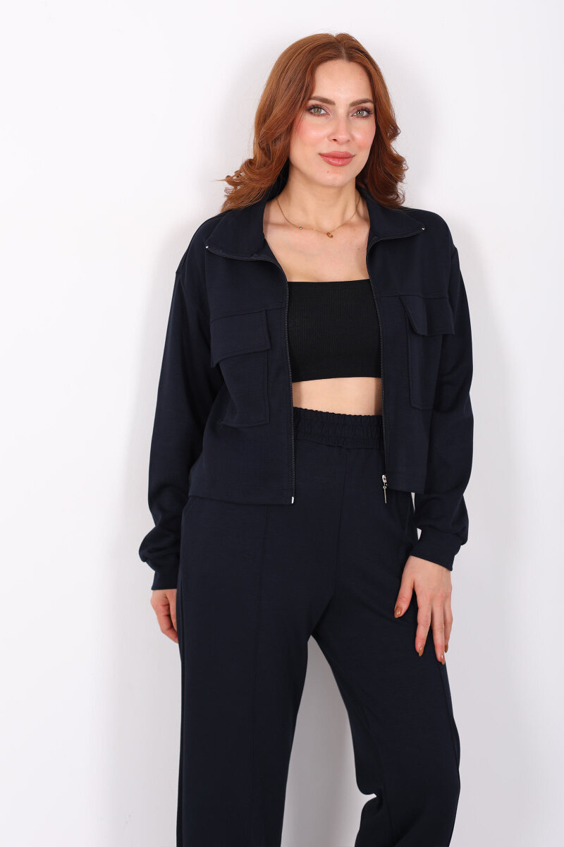 Çift Cep Kapaklı Fermuarlı Lacivert Kadın Takım - 6