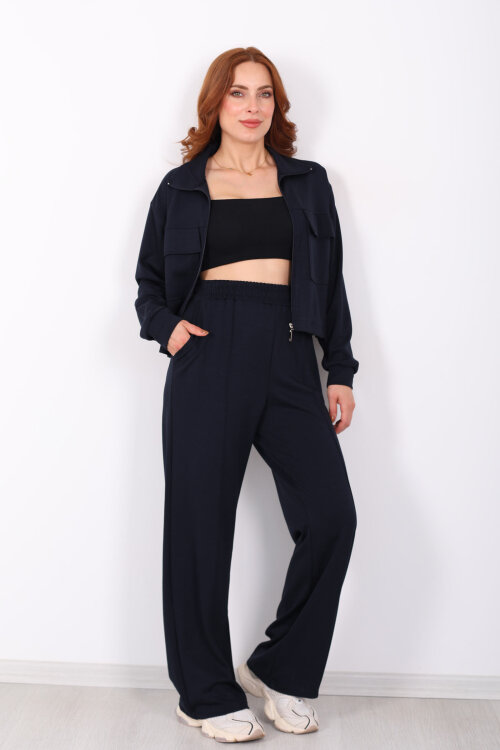 Çift Cep Kapaklı Fermuarlı Lacivert Kadın Takım - 3