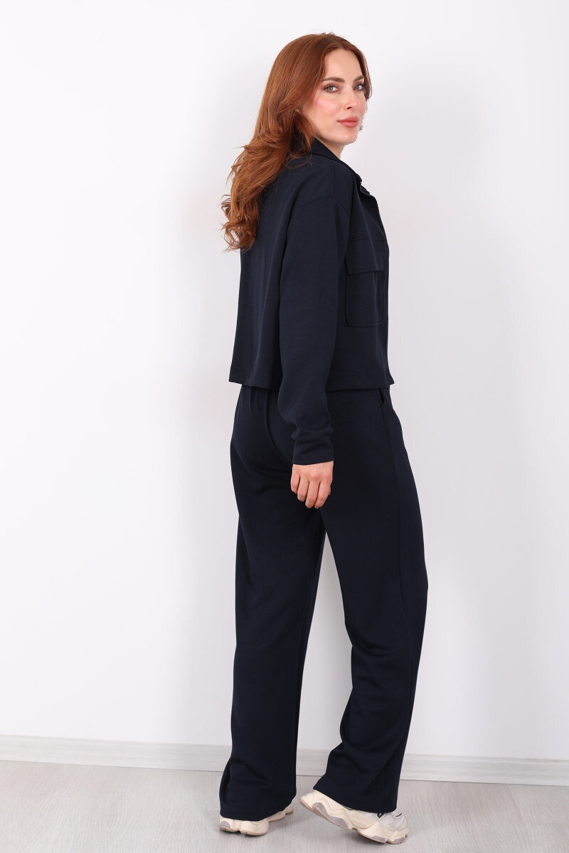 Çift Cep Kapaklı Fermuarlı Lacivert Kadın Takım - 2