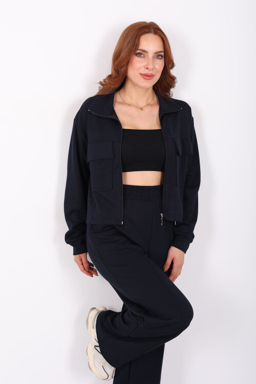 Çift Cep Kapaklı Fermuarlı Lacivert Kadın Takım - 4