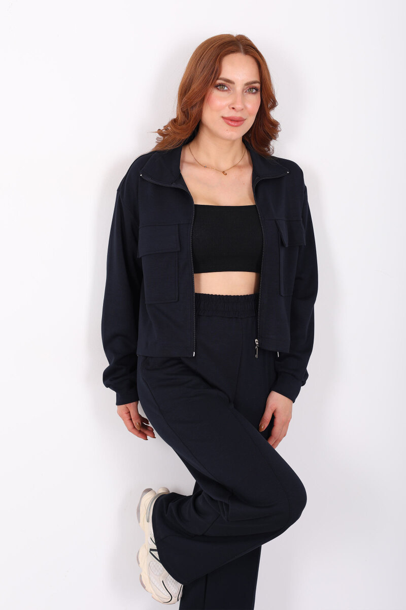 Çift Cep Kapaklı Fermuarlı Lacivert Kadın Takım - 4