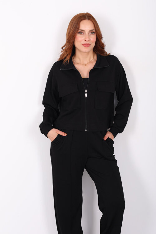 Çift Cep Kapaklı Fermuarlı Siyah Kadın Takım - 5