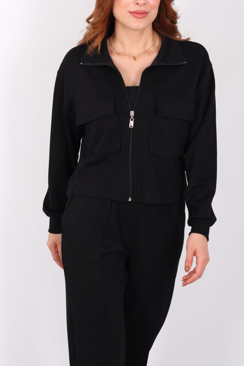 Çift Cep Kapaklı Fermuarlı Siyah Kadın Takım - Berox (1)