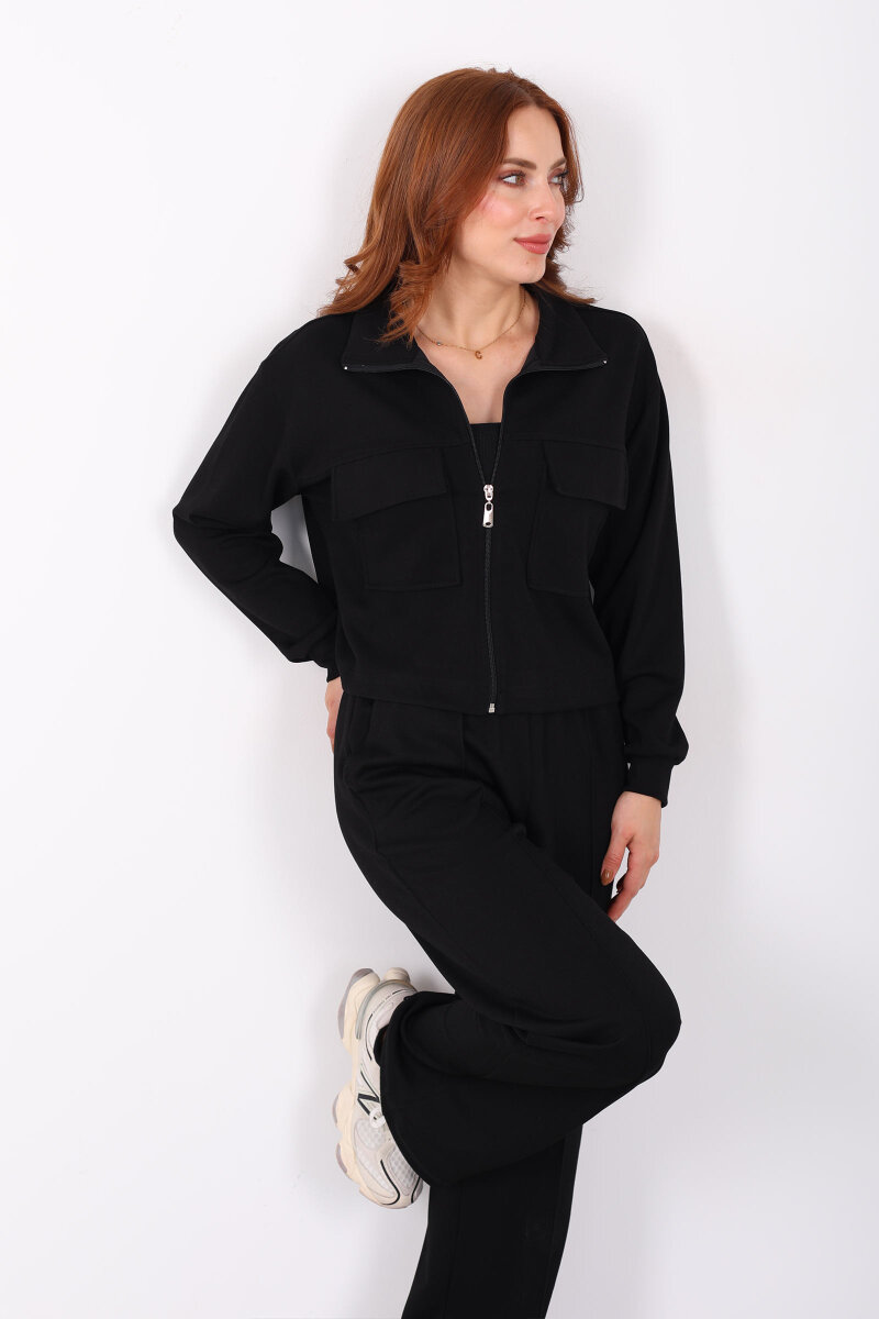 Çift Cep Kapaklı Fermuarlı Siyah Kadın Takım - 3