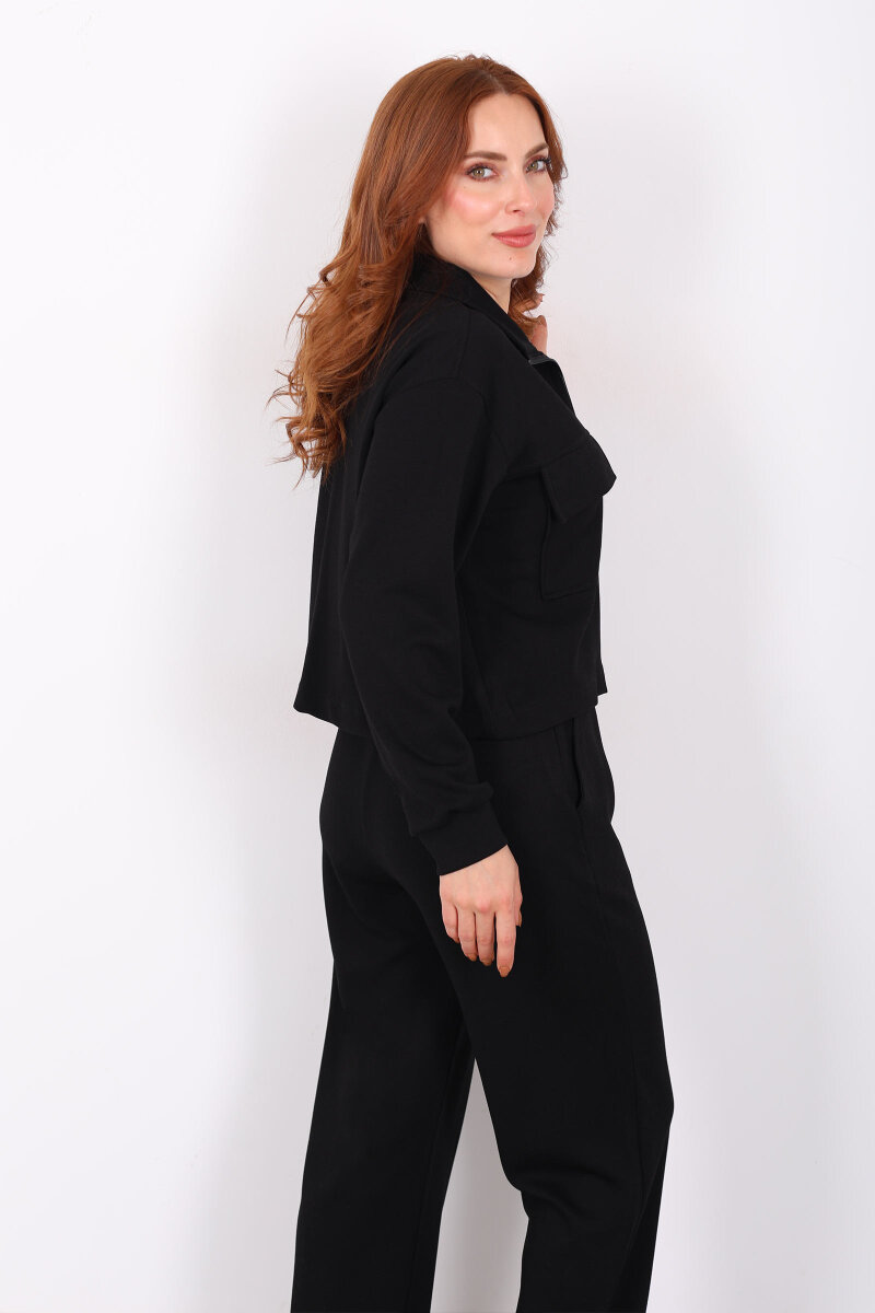 Çift Cep Kapaklı Fermuarlı Siyah Kadın Takım - 6