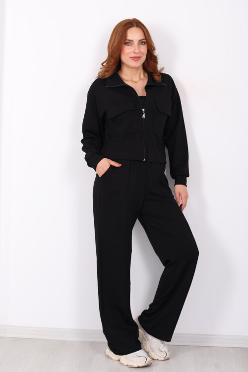 Çift Cep Kapaklı Fermuarlı Siyah Kadın Takım - 4