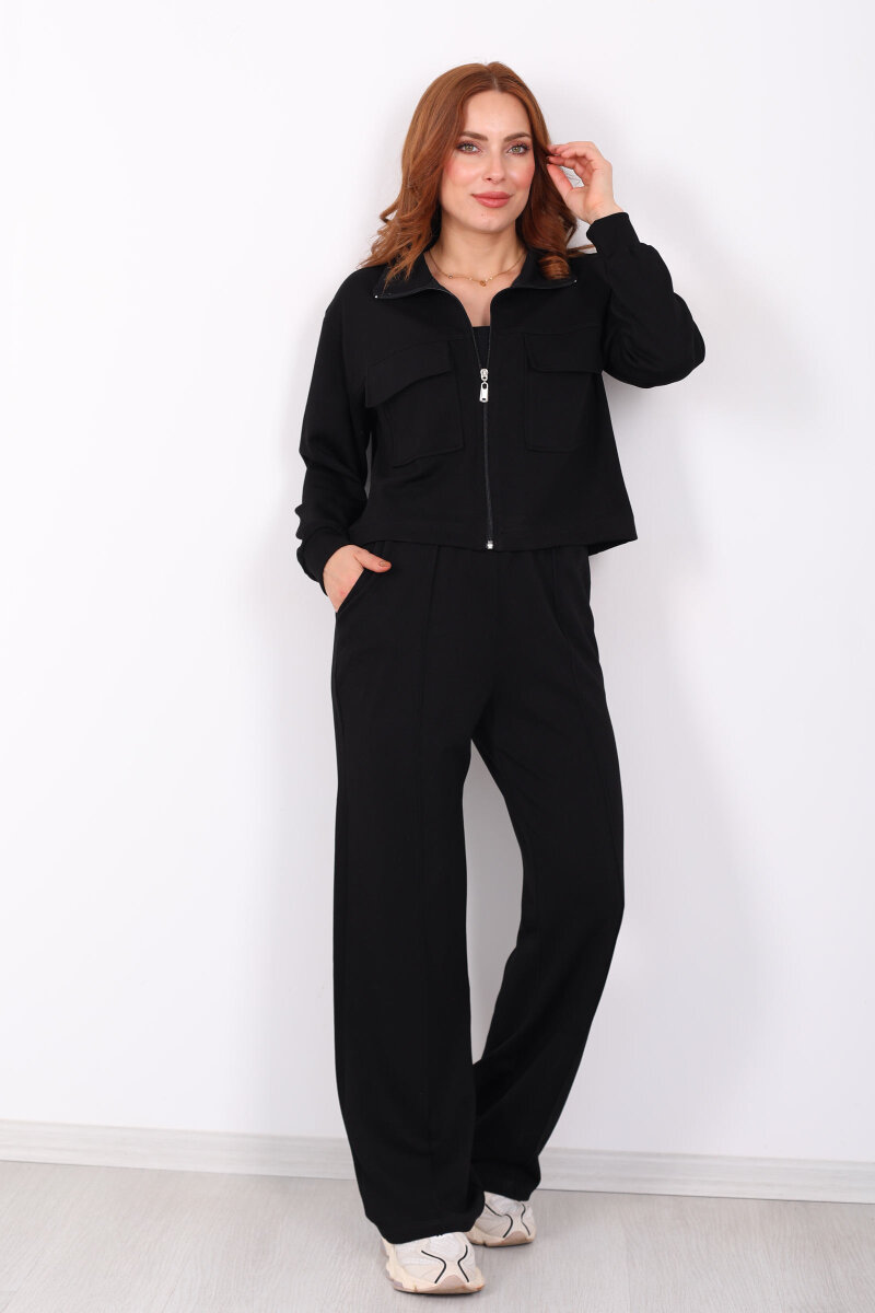 Çift Cep Kapaklı Fermuarlı Siyah Kadın Takım - 1