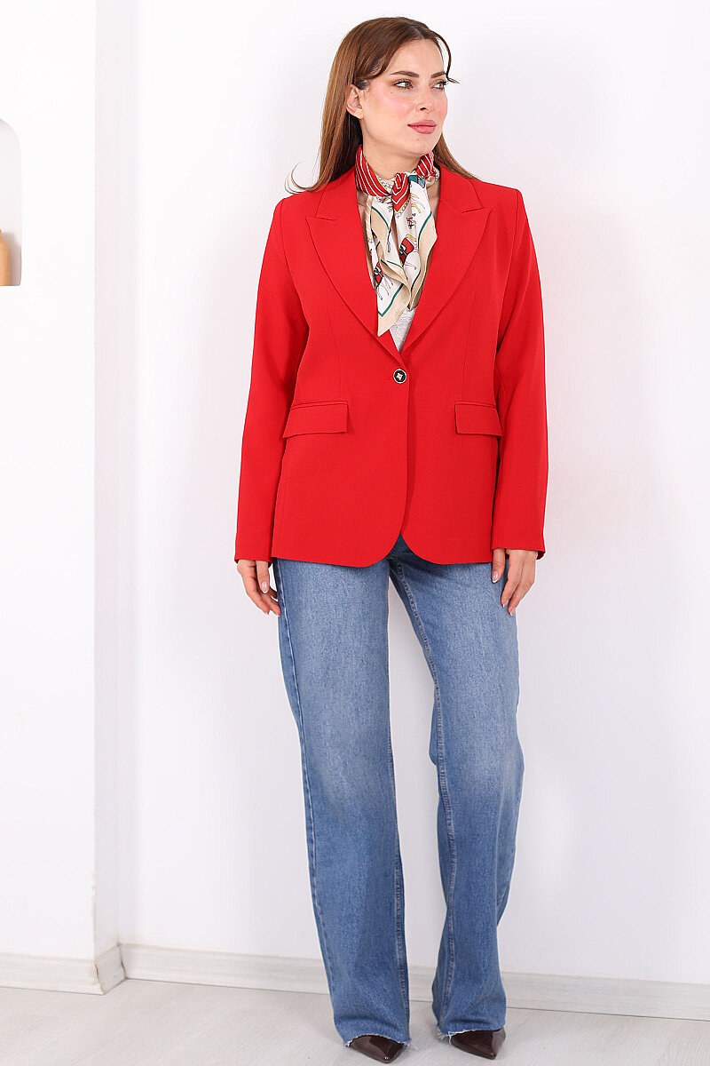 Çift Cep Kapaklı Gold Düğmeli Kırmızı Kadın Blazer Ceket - 7