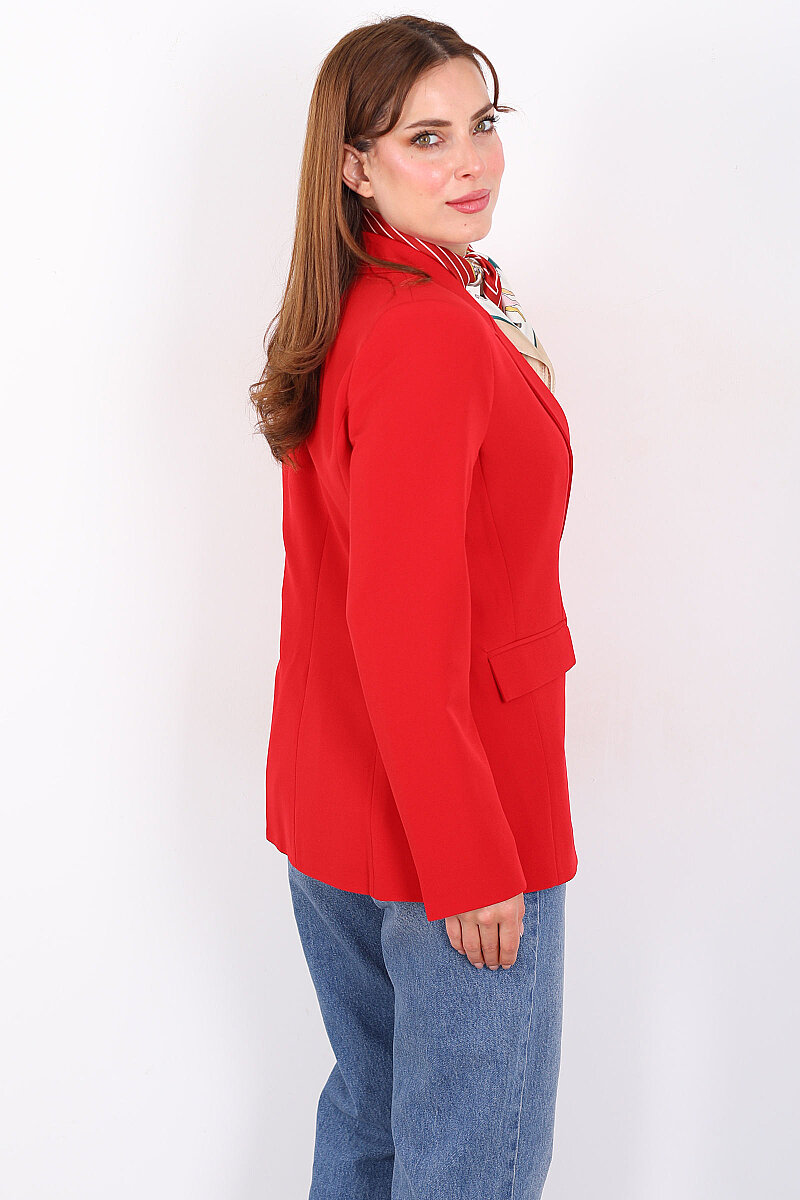 Çift Cep Kapaklı Gold Düğmeli Kırmızı Kadın Blazer Ceket - 6