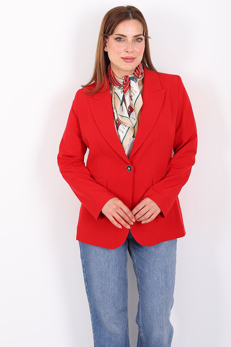 Çift Cep Kapaklı Gold Düğmeli Kırmızı Kadın Blazer Ceket - 1