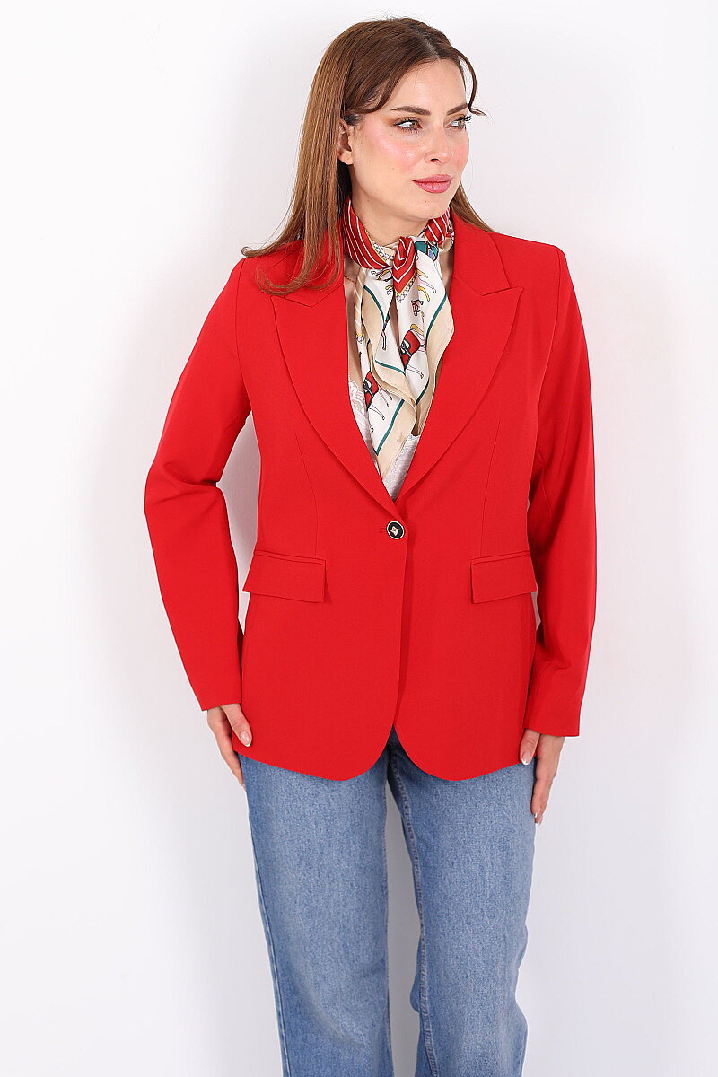 Çift Cep Kapaklı Gold Düğmeli Kırmızı Kadın Blazer Ceket - 3